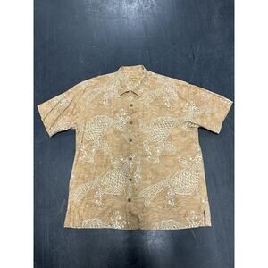 Tommy Bahama Silk Hawaiian Koi Fish Shirt Mens XL Tan Button Up